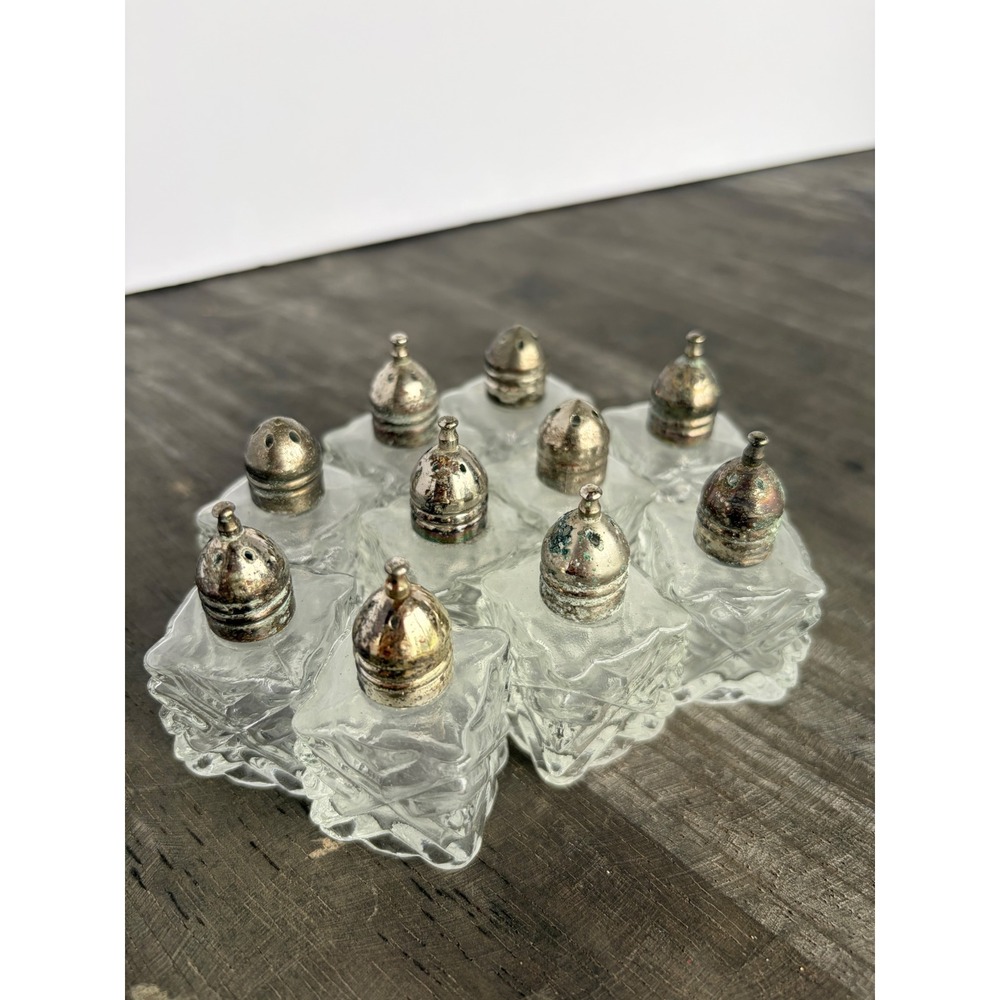 Vintage Set of 10 Individual Cut Glass Salt Pepper Shakers Miniature Metal Tops